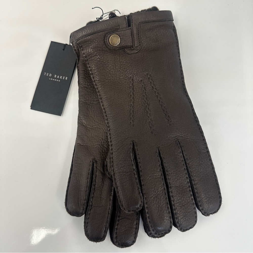 TED BAKER MEN'S 3-IN-1 KNITTED & LEATHER DARK BROWN GLOVES